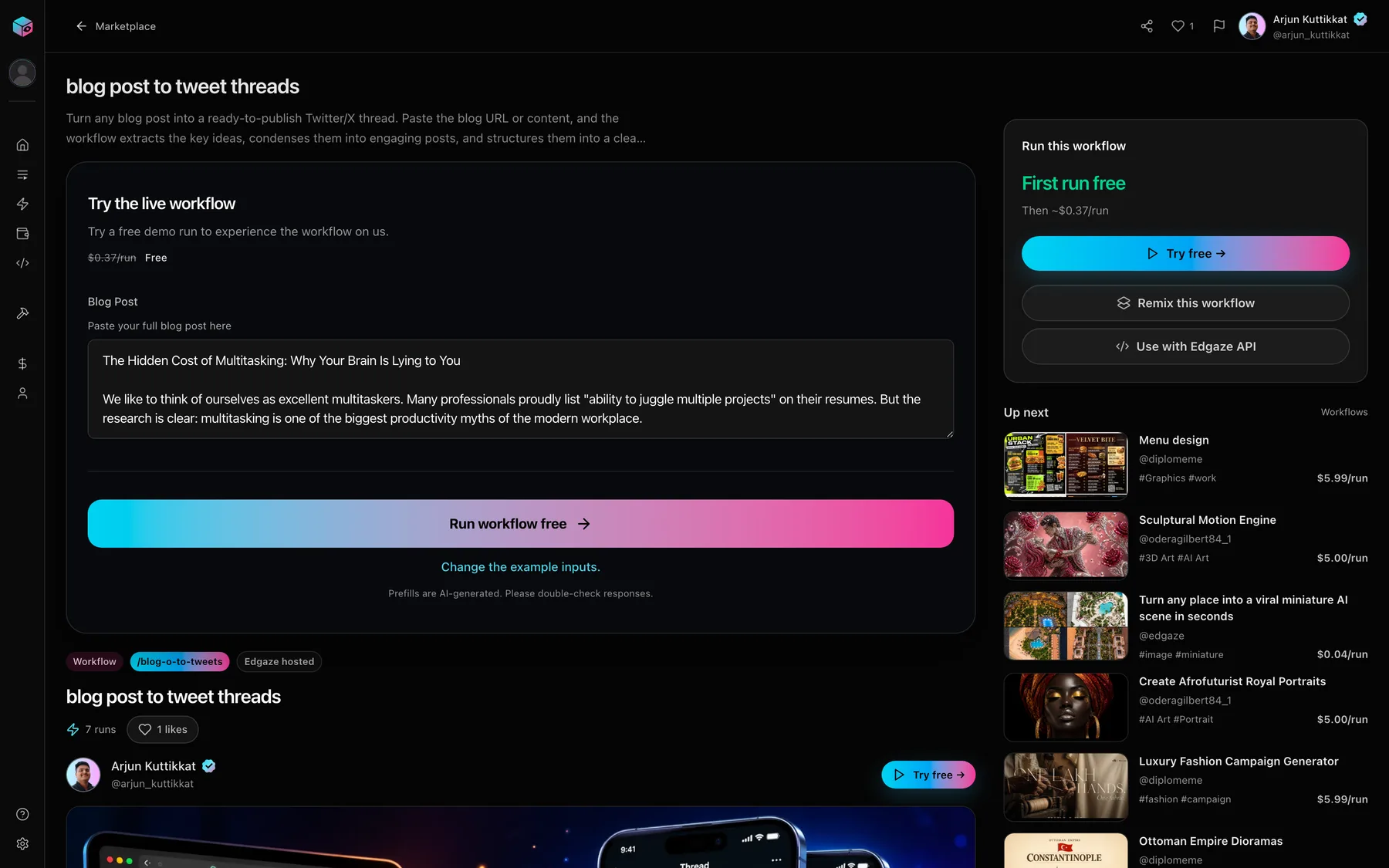 An Edgaze workflow product page showing the workflow input, price, run action, and related products.